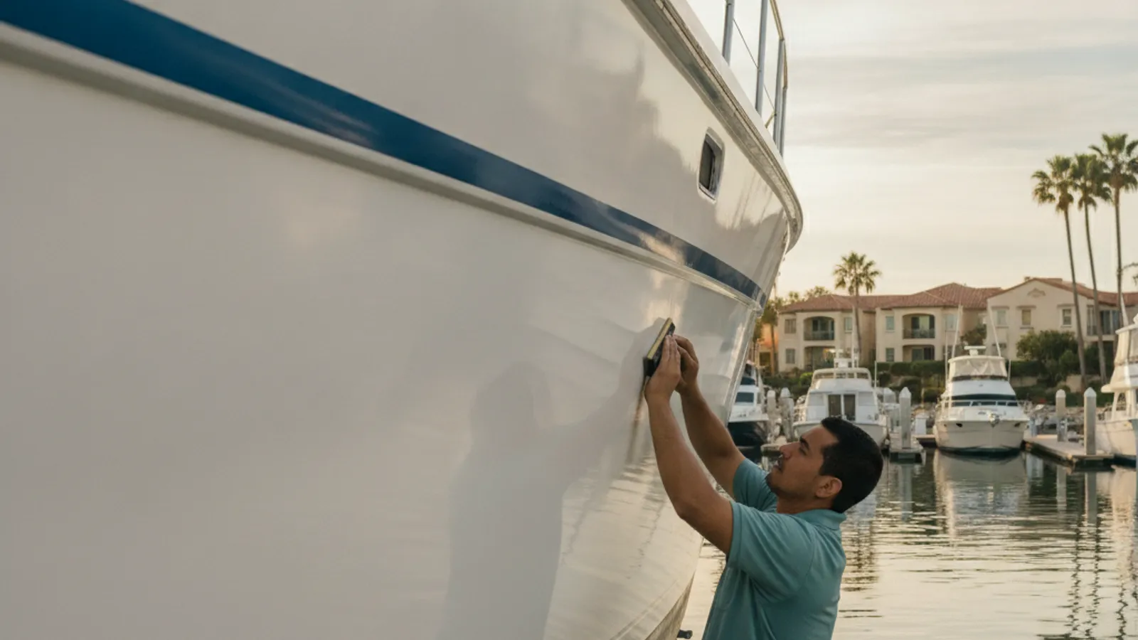 A boat hull with a vinyl stripe, not a winter cover