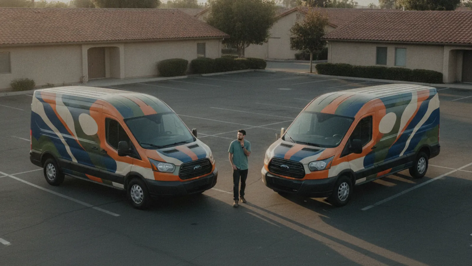 Two vans wearing the same vinyl layout