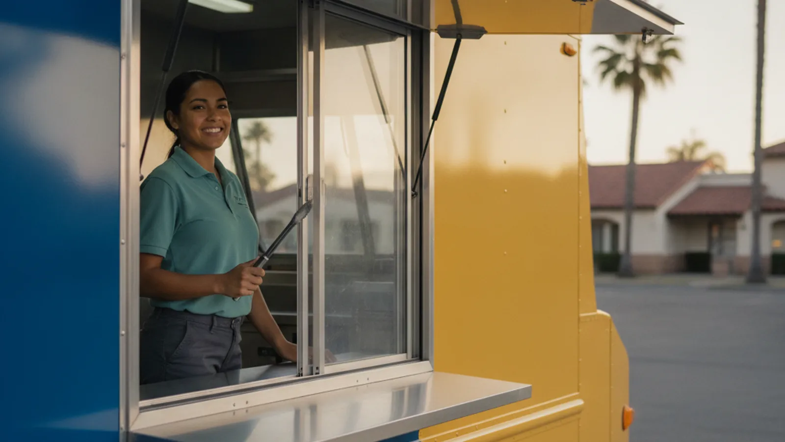 Food truck service window framed by vinyl