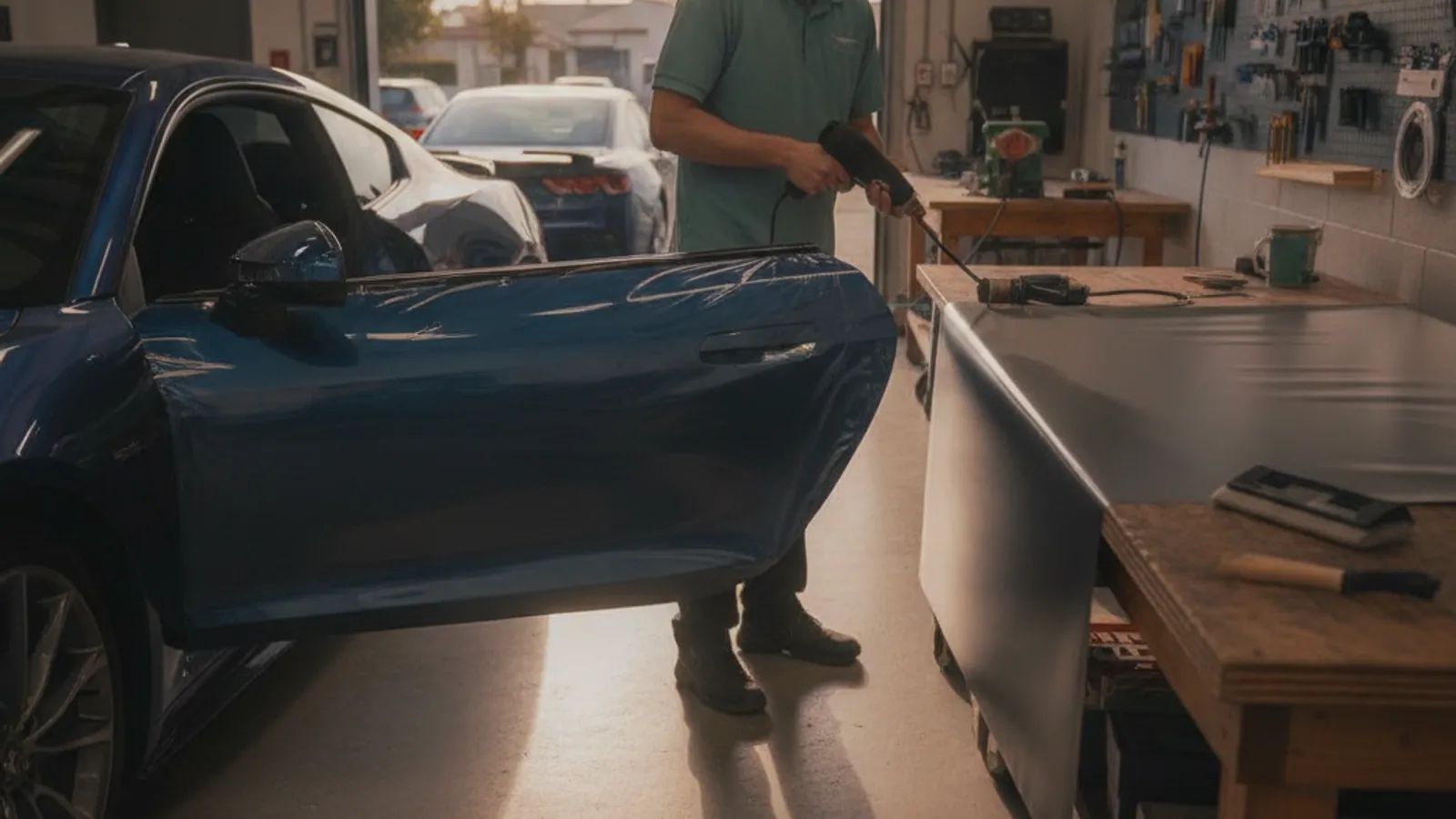 A vinyl roll and a squeegee on a bench beside a vehicle door