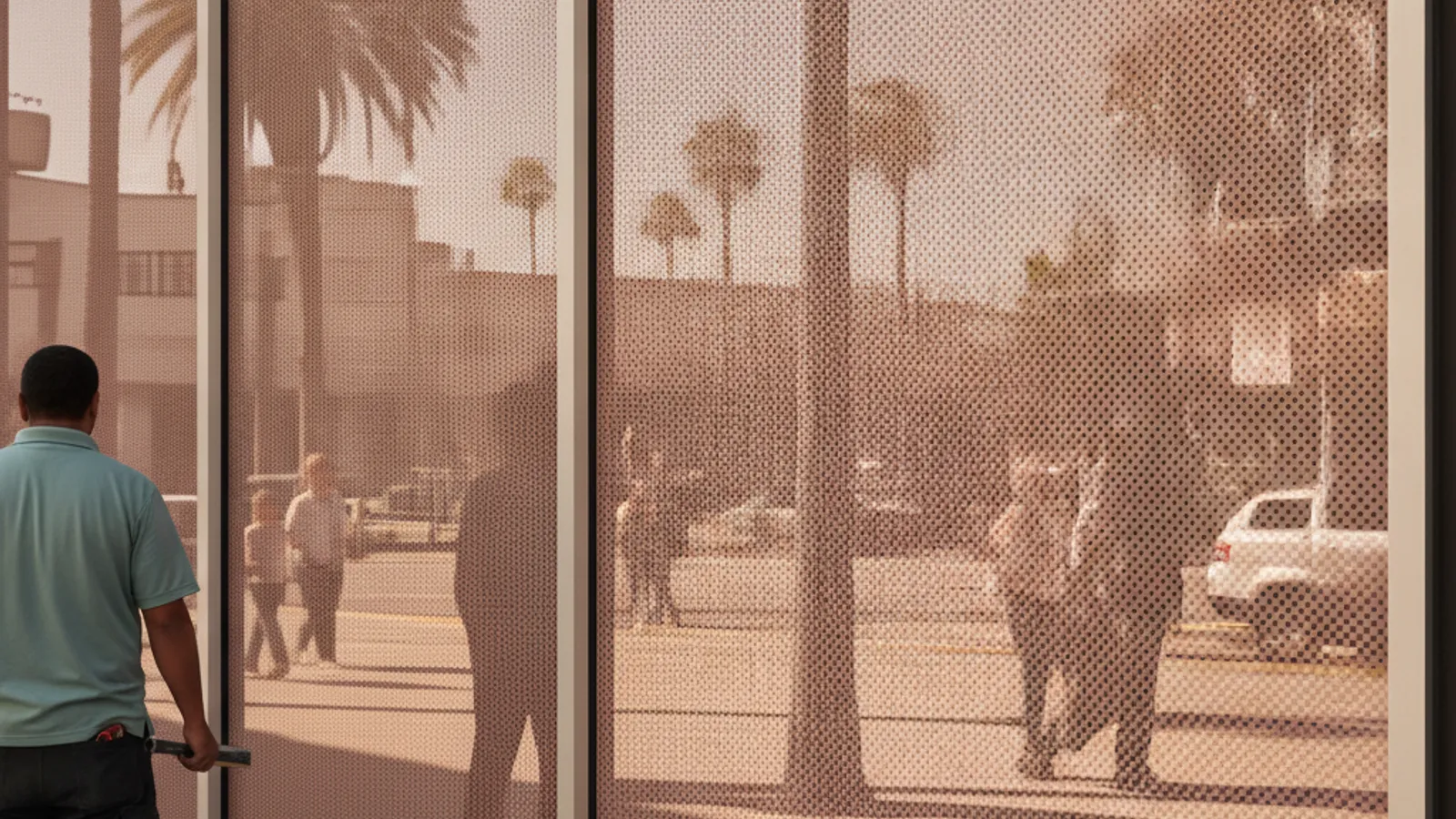 Perforated film on storefront glass