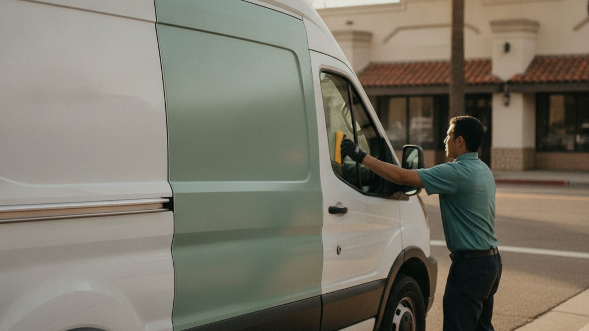 Una van de trabajo en San Diego, el tipo de vehículo que un instalador mide antes de cotizar el vinil