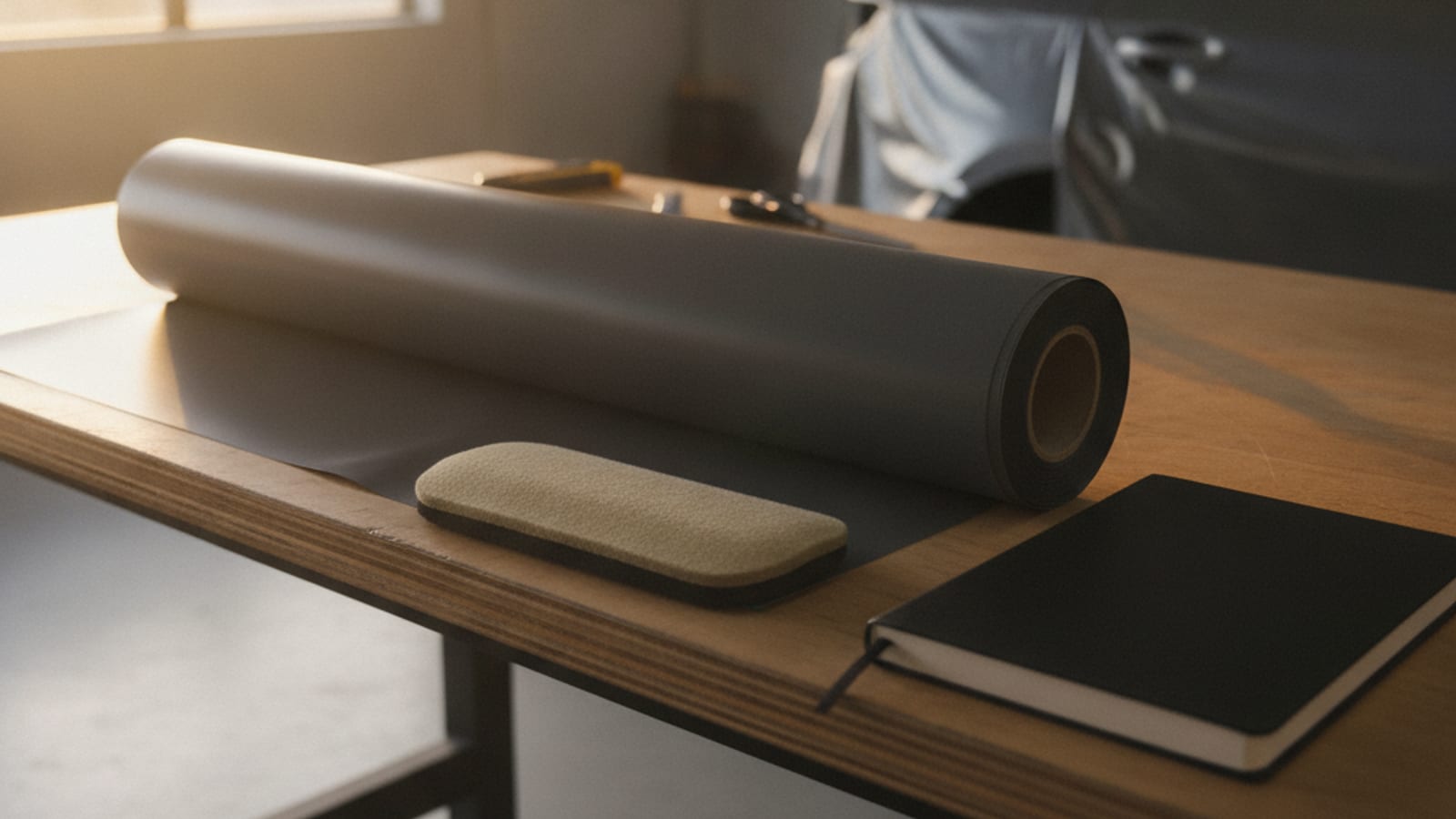 Rollo de vinil, una espátula y un cuaderno en blanco sobre el banco