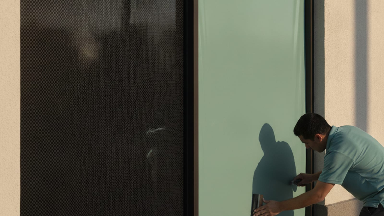 Two panes, one with see-through perforated film and one with solid vinyl