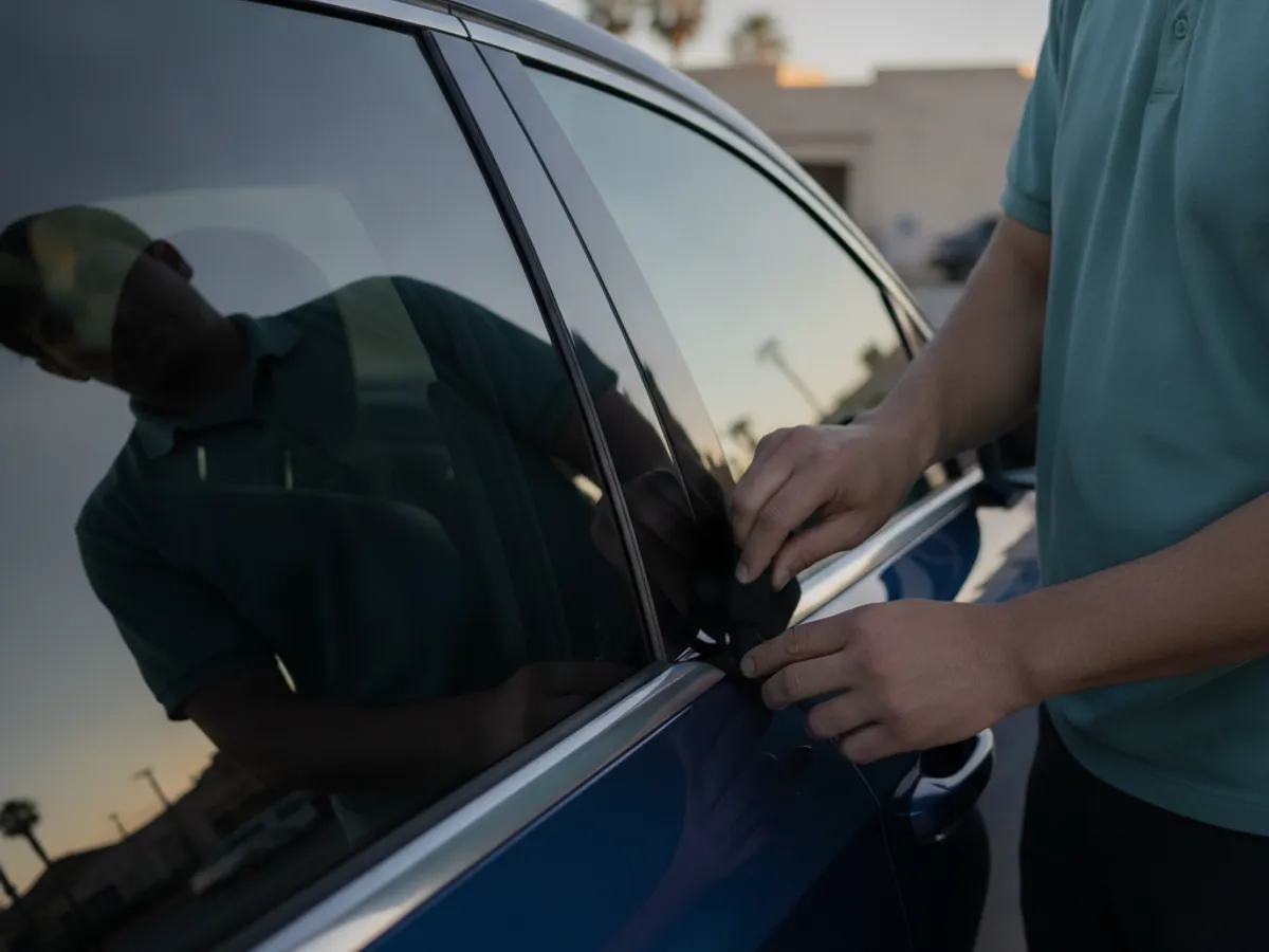 Dark vinyl covering bright window trim on a car