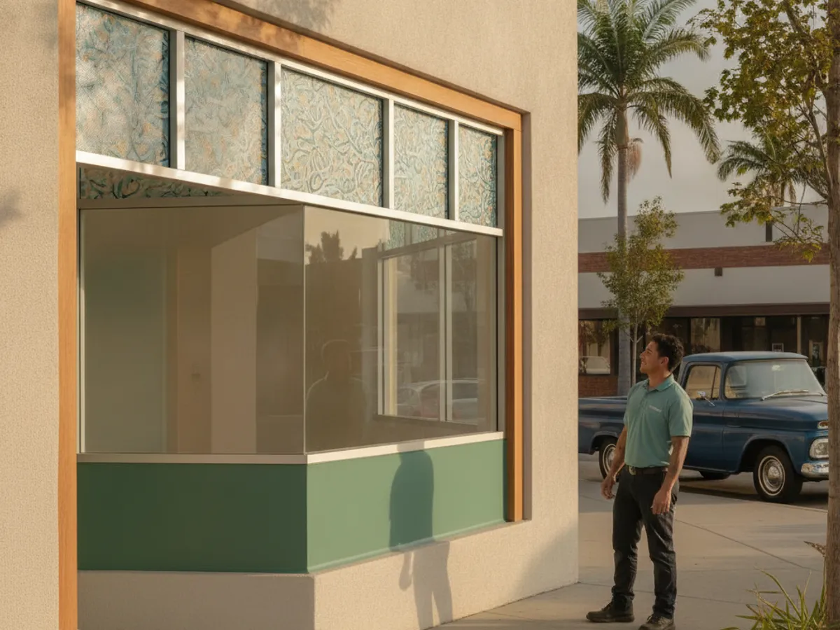 Storefront glass marked for hours and a logo